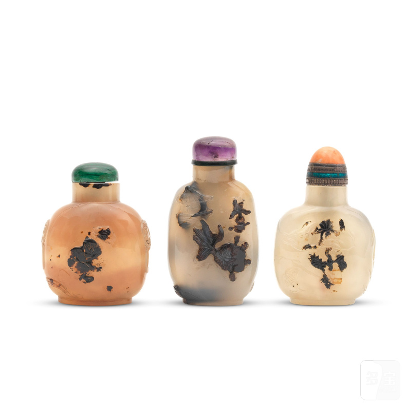 十九世紀 瑪瑙鼻煙壺三件 | THREE SILHOUETTE AGATE SNUFF BOTTLES